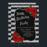 Någon ålderfödelsedagsilver och svart glitterröd inbjudningar<br><div class="desc">Elegantt silver,  svart randar blänker,  och röd rosfödelsedagsfest inbjudan för kvinnor av några åldras. Åldern kan ändras för någon ålder. Text kan ändras till något till passformen din händelse. Typsnitt,  stilsortsfärg och text är fullständigt anpassadet! Papper formar,  och typ kan skräddarsy till passformen din budget och smak!</div>