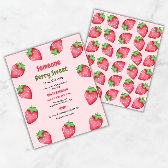 Någon Berry Sweet Strawberry Baby Shower Inbjudan (Budget Someone Berry Sweet is on the Way Strawberry Baby Shower Invitation )