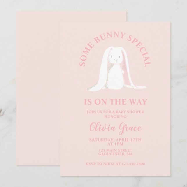 Någon Bunny Speciell Rosa Gingham Baby Shower Inbjudningar (Fram/baksida)
