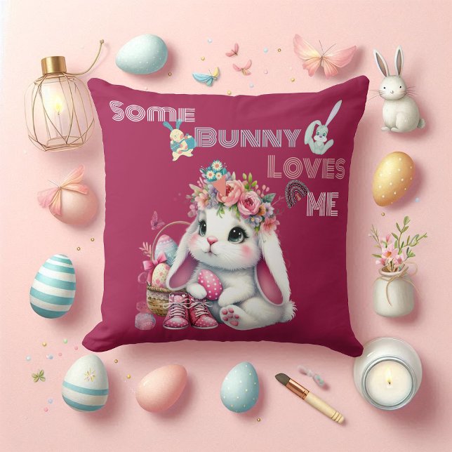 Någon kanin älskar mig Whimsisk vårkorg Anpassad Kudde (Some Bunny Loves Me Whimsical Spring Basket Custom Throw Pillow)