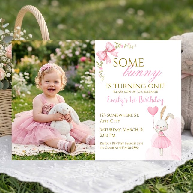 Någon kanin är en rosa coquette ballerina foto inbjudningar (Girl’s Bunny 1st Birthday Photo Invitation. Some Bunny is Turning One clean minimalist design.)