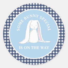 Någon kanin blå gingham baby shower runt klistermärke
