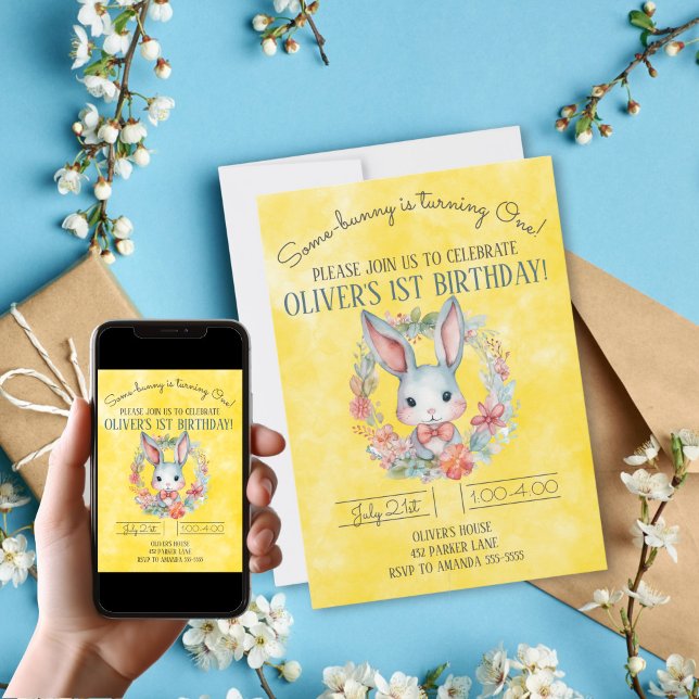 Någon kanin fyller år Kaninens 1-års födelsedagsfe Inbjudningar (Some-bunny Is Turning One Bunny 1st Birthday Party Invitation
)