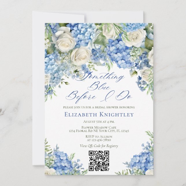 Något Blå Hydrangea Bröllopsdusch QR-kod Inbjudningar (Framsida)