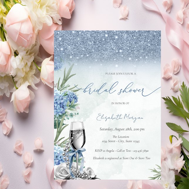Något Blått Band Glitter Champagne Hydrangea Inbjudningar (Skapare uppladdad)