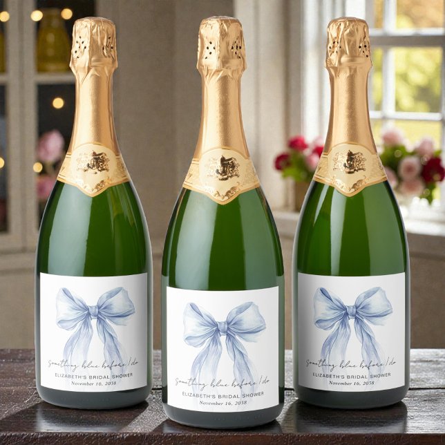 Något Blått Band Vattenfärg Bröllopsfest (Something Blue Bow Watercolor Bridal Shower Sparkling Wine Label)