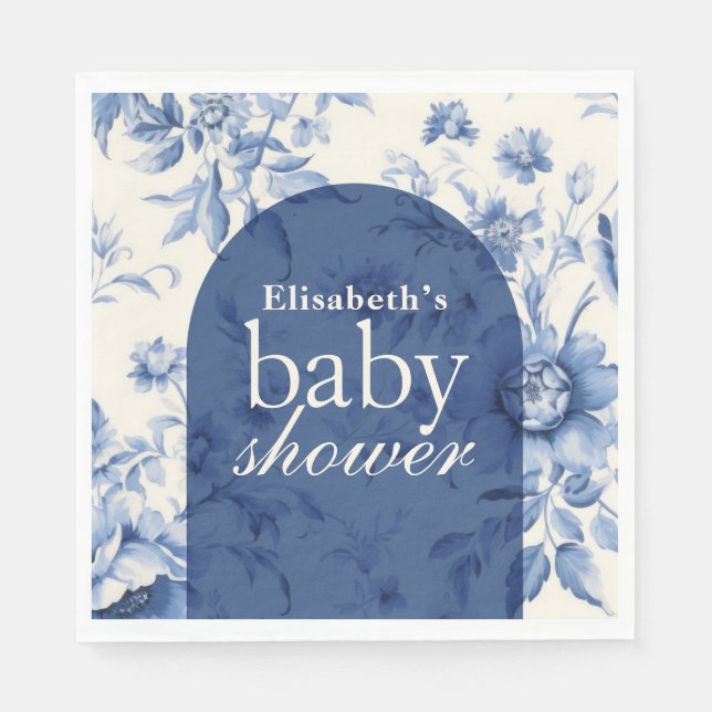 Något Blått Blommig Fransk Toile Baby Shower Pappersservett (Framsidan)