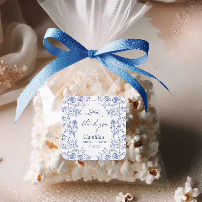Något Blått Bröllopsfest Tacksamhet Fyrkantigt Klistermärke (Something Blue Bow Thank you Sticker)