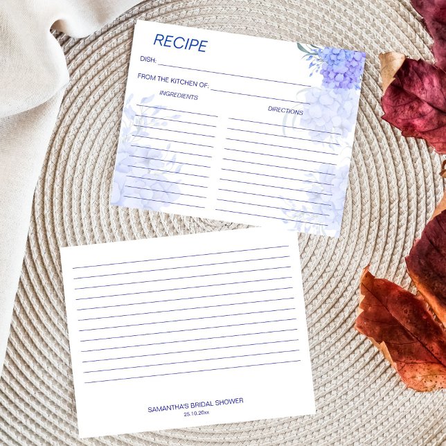 Något blått hortensia bröllopsduschrecept (Something blue hydrangea floral bridal shower recipe card)