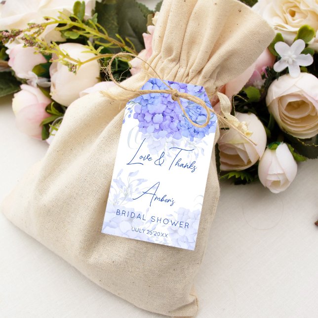 Något blått hydrangea-möhippa gynnar presentetikett (Something blue hydrangea flowers bridal shower thank you favor gift tags)