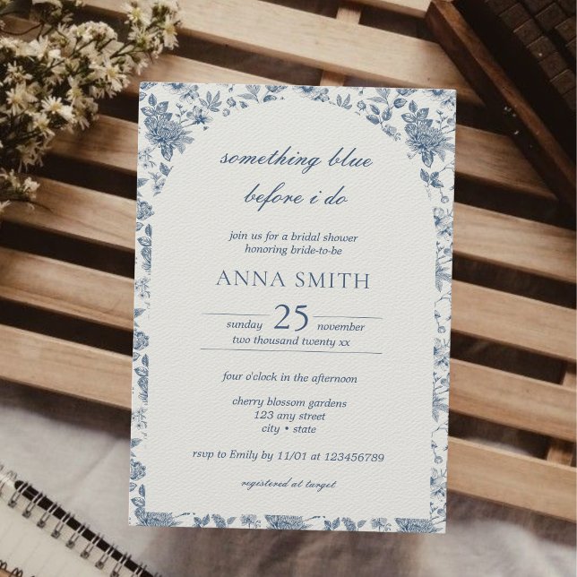 Något blått innan jag gör Blommigt Möhippa Inbjudningar (something blue before i do chinoiserie arch vintage art bridal shower invitation elegant unique)