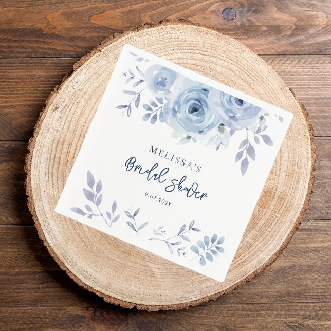 Något Blått Innan Jag Gör Bröllopsfest Papper Pappersservett (Dusty Blue Floral Watercolor Bridal Shower PAper Napkin)