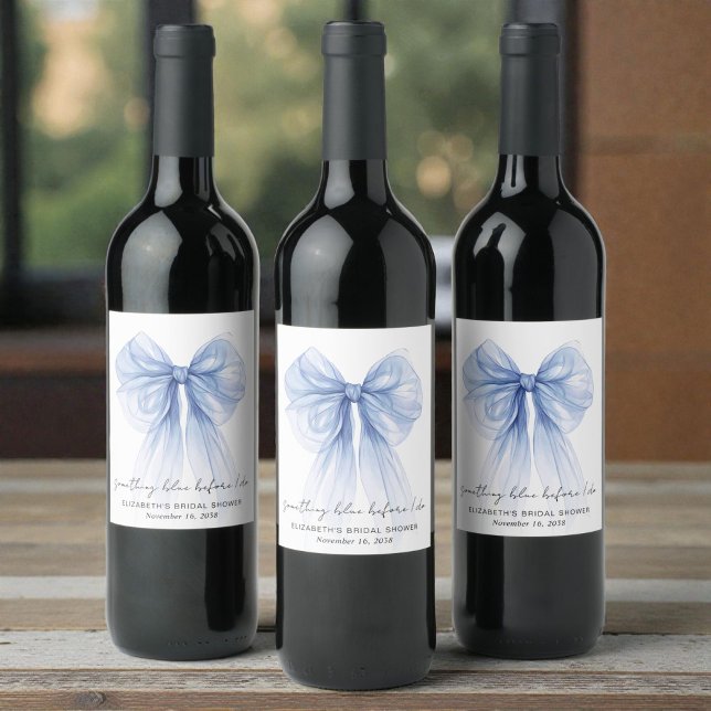 Något Blått Innan Jag Gör Bröllopsfest Vinflaska Etikett (Something Blue Before I Do Bow Bridal Shower Wine Label)
