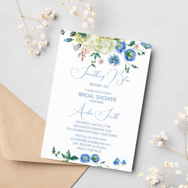 Något blått innan jag gör möhippans blommigt inbjudningar (Something blue before I do botanical floral bridal shower invitation garden themed bridal shower)