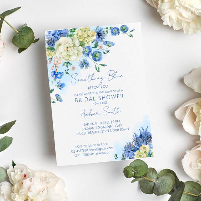 Något blått innan jag gör möhippans blommigt inbjudningar (Something blue before I do bridal shower invitation template vintage botanical garden themed shower)