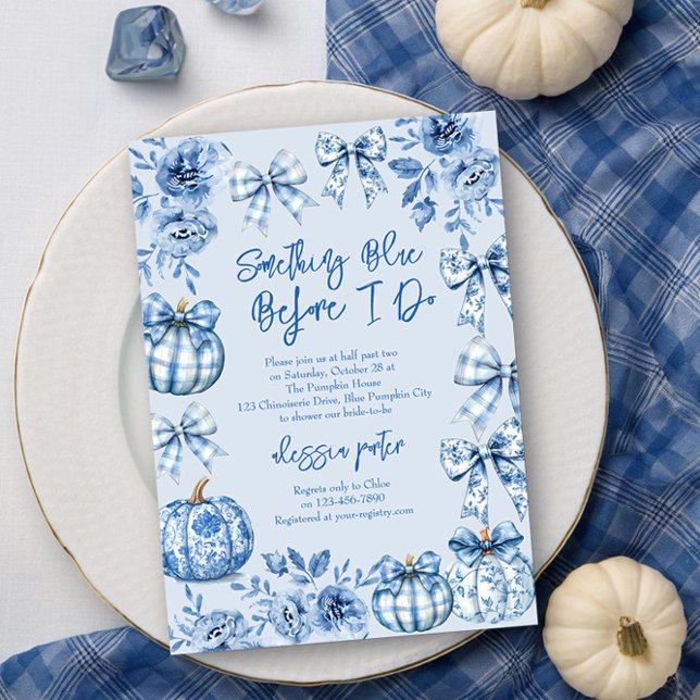 Något blått innan jag gör Pumpkin-Möhippa Inbjudningar (Something Blue before I Do .. Fall Pumpkin Bridal Shower Invitation by Darling & May)