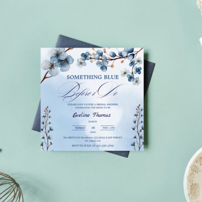 Något Blått Jag Gör Blomma Brunch Bröllopsdusch Inbjudningar ( Something Blue Before I Do Bridal typography watercolor modern elegant calligraphy script brunch)