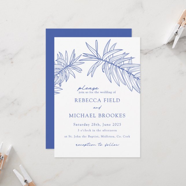 Något blått minimalistiskt botaniskt inbjudningar (Fram/Back In Situ)