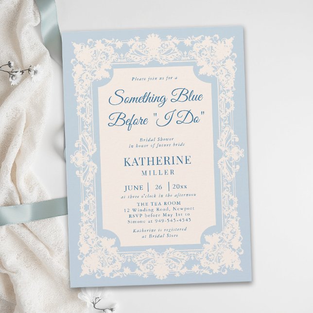 Något Blått Spets Modern Klassisk Bröllopsfest Inbjudningar (something blue bridal shower ideas modern classic invitation lace frame elegant brunch tea template)