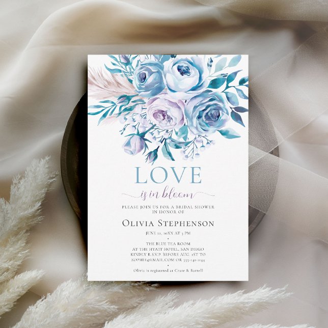 Något Blue Lavender Ombre Ro Möhippa Inbjudningar (something blue bridal shower invitation floral roses boho pampas grass love in bloom dusty blue)