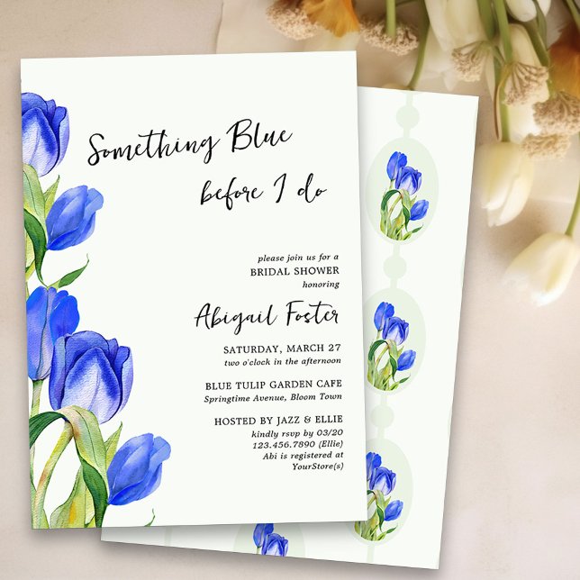 Något Blue Vår Tulip Flowers Möhippa Inbjudningar (Something Blue Bridal Shower Invitation with blue tulips)