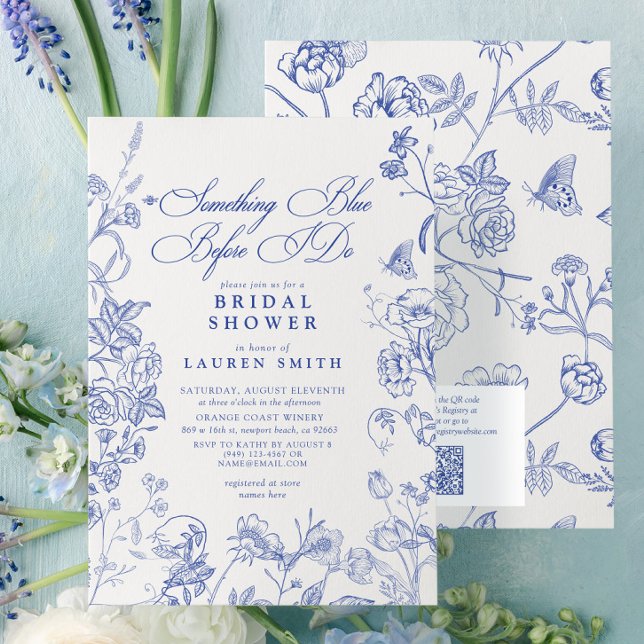 Något Blue Victorian QR-Blommigt Möhippa Inbjudningar (Skapare uppladdad)