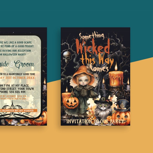 Något Onda Pumpa Flickan Goth Skalle Ljus Inbjudningar (Gothic Halloween Wedding Party. Orange and Black color themes. Dark beauty. Emo vibes)