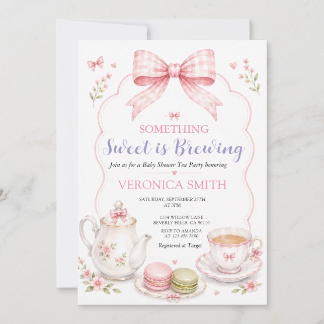 Något sött bryggs Rosa Bow Baby Shower Inbjudningar (Framsida)