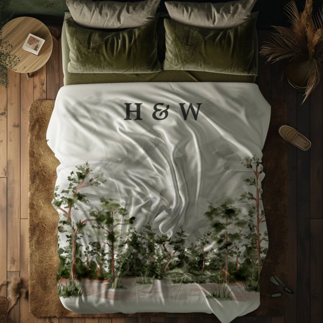 Några Monogrammade vattenfärgsberg och skog Fleecefilt (In situ bedroom)