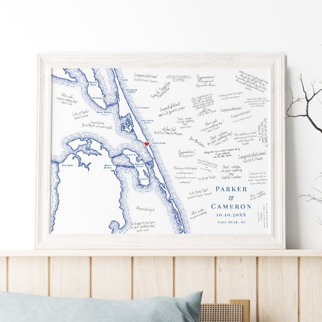 Nags Head NC Karta Elegant bröllop Guest Bok Poste Poster (Nags Head NC Map Alternative Guest Book Poster for an Outer Banks Beach Wedding in elegant navy blue)