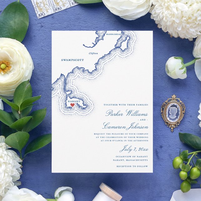 Nahant MORSA Karta Elegant Navy Blue Bröllop Inbjudningar (Nahant MA Map Wedding Invitation for an elegant Navy Blue New England destination wedding)