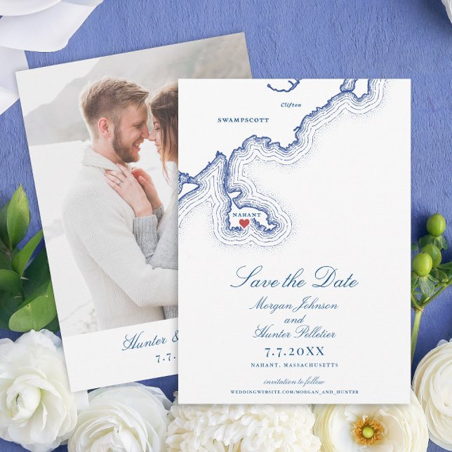 Nahant MORSA Karta Elegant Navy Blue Bröllop Spara Datumet (Nahant MA Map Save the Date for an Elegant Navy Blue North Shore Wedding  by Coastal Map Designs)