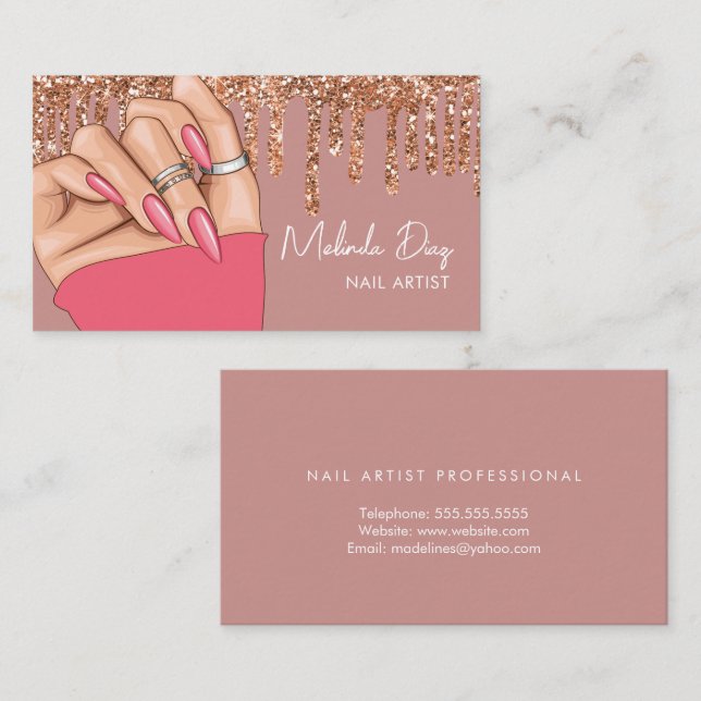 Nail Artist Designer Salon Faux Glitter Rosa Nagel Visitkort (Fram/baksida)