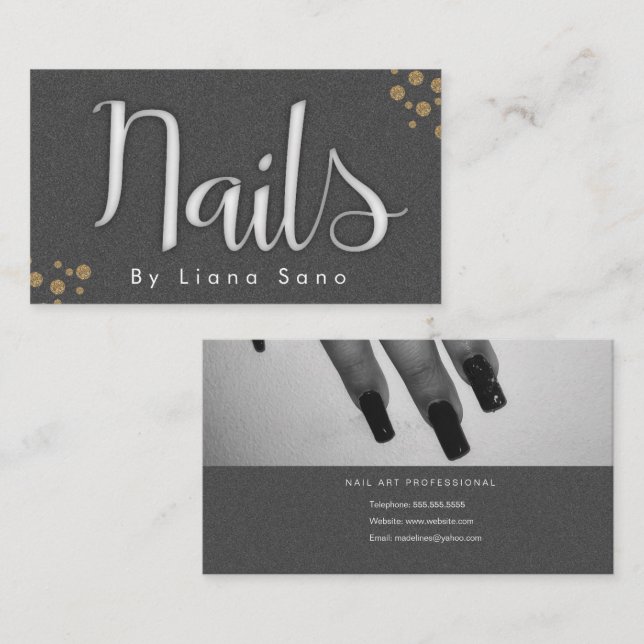 Nail Artist Glow Script och Foto Salon Grå Guld Visitkort (Fram/baksida)