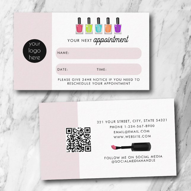 Nail Artist Klient Utnämningskort QR-kod Logotyp Visitkort (Nail Artist Client Appointment Card QR Code Logo)