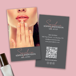 Nail Artist Modern Script Namnteckning Grått Visitkort