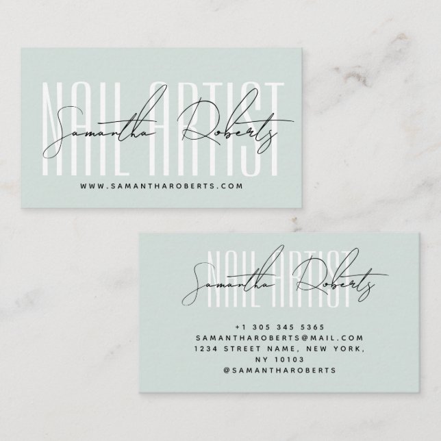 Nail artist modern typography script blue visitkort (Fram/baksida)