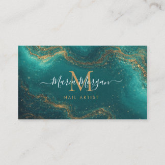 Nail Artist Turquoise Teal Agate Gold Monogram Visitkort