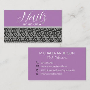 Nail Salon Girly Lila Grått Leopard Animal Print Visitkort