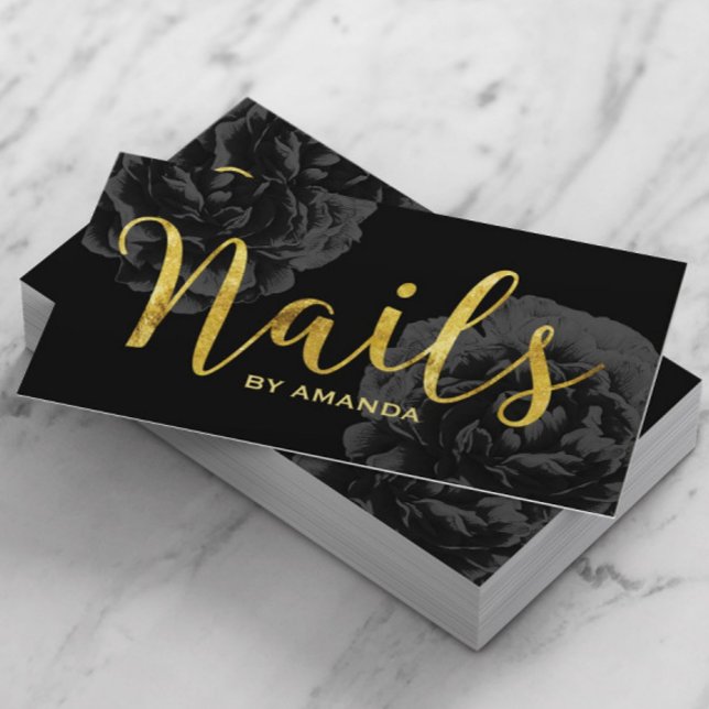 Nail Salon Guld Elegant  Black Blommigt Visitkort (Skapare uppladdad)