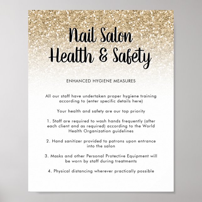 Nail Salon Health Safety Poster Guld Glitter (Framsidan)