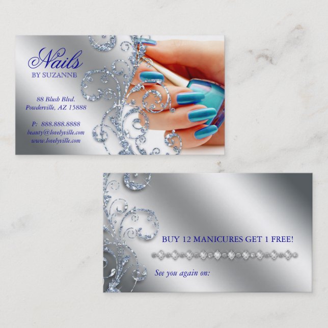 Nail Salon Loyalty Card Glitter Silver Blue Polska Lojalitetskort (Fram/baksida)