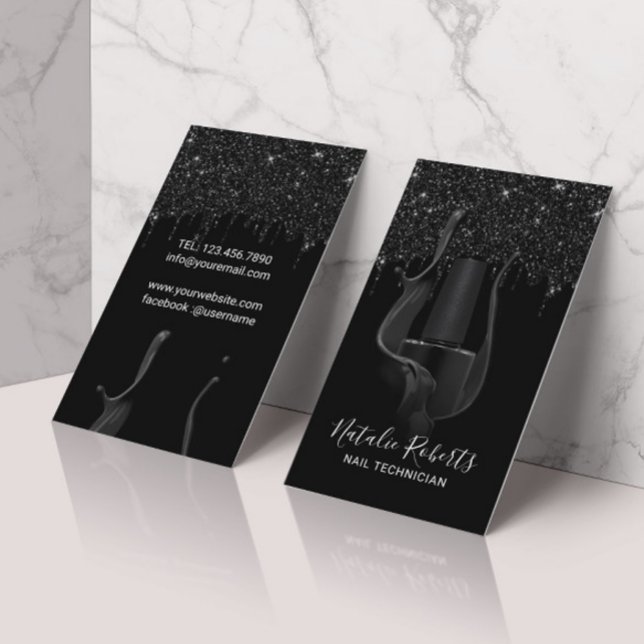 Nail Salon Manicurist Modern Black Glitter Drives Visitkort (Skapare uppladdad)