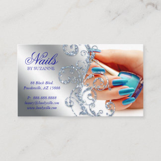 Nail Salon Modern Technician Glitter Blue Silver Visitkort