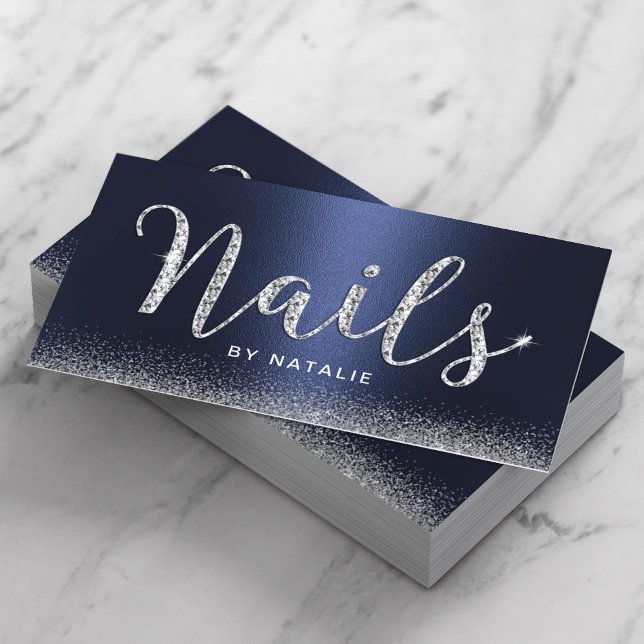 Nail Salon Navy Blue Luxury Diamond Typography Visitkort (Skapare uppladdad)