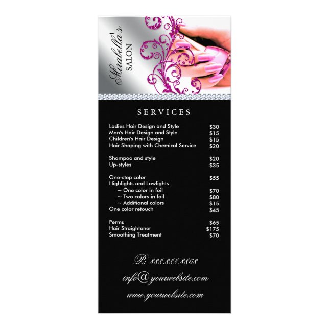 Nail Salon Poland Silver Service Menu Rosa Reklamkort (Framsidan)