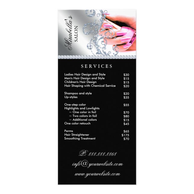 Nail Salon polska Silver Rosa Service Menu Reklamkort (Framsidan)