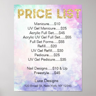 Nail Salon Pris List Watercolor, Guld Glitter Poster