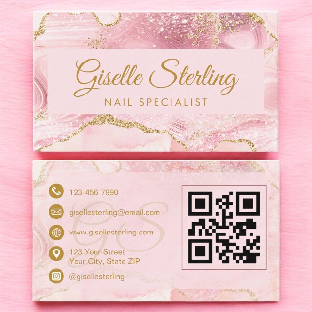 Nail Specialist Blush Pink Gold Agate QR Code Visitkort (Skapare uppladdad)