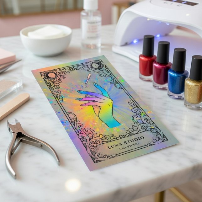 Nail Tech | Holografisk Celestial Nagelstudio Visitkort (Skapare uppladdad)